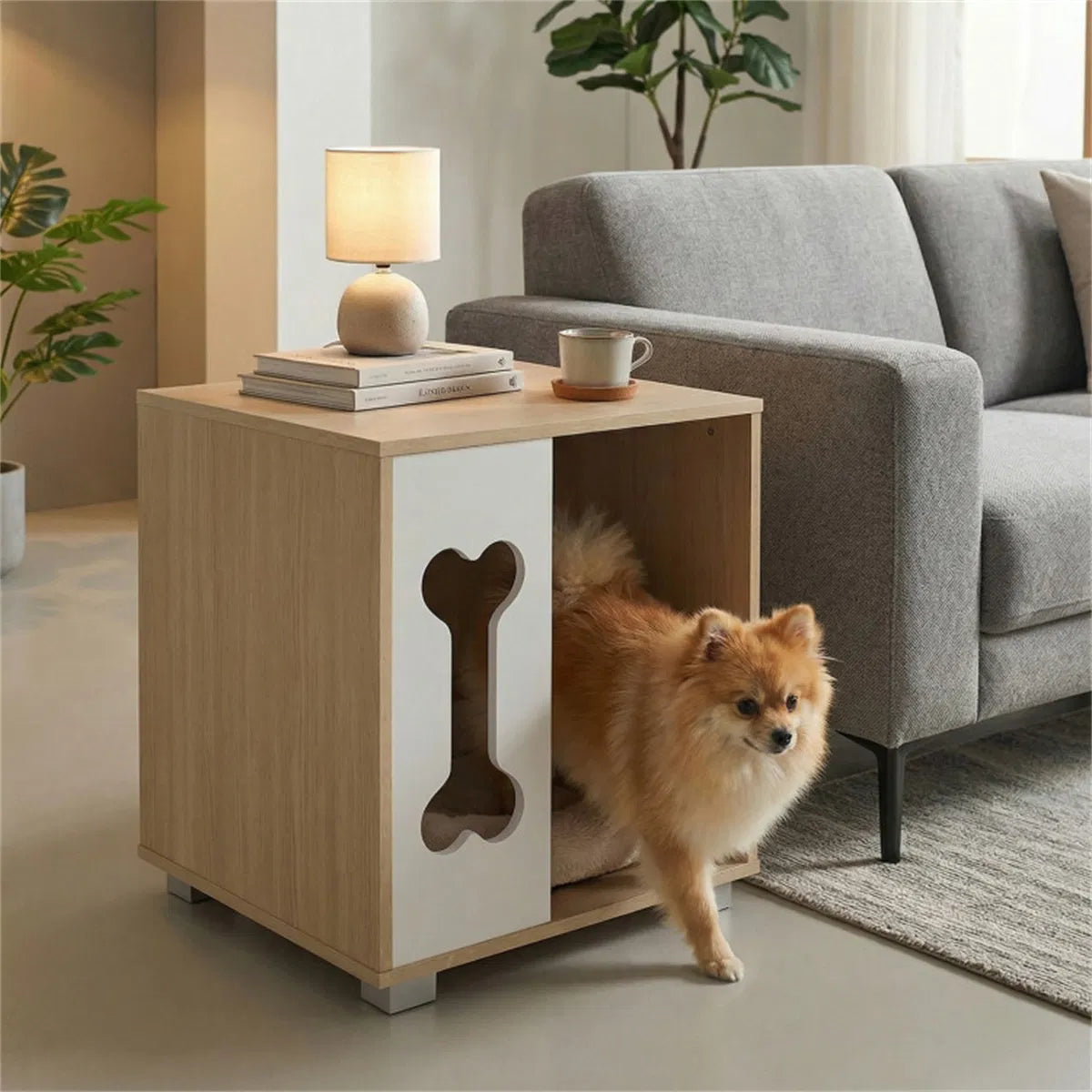 Cat Dog House Bed Side Table Wooden Condo With Bone Shape Window And Thick - Image 2