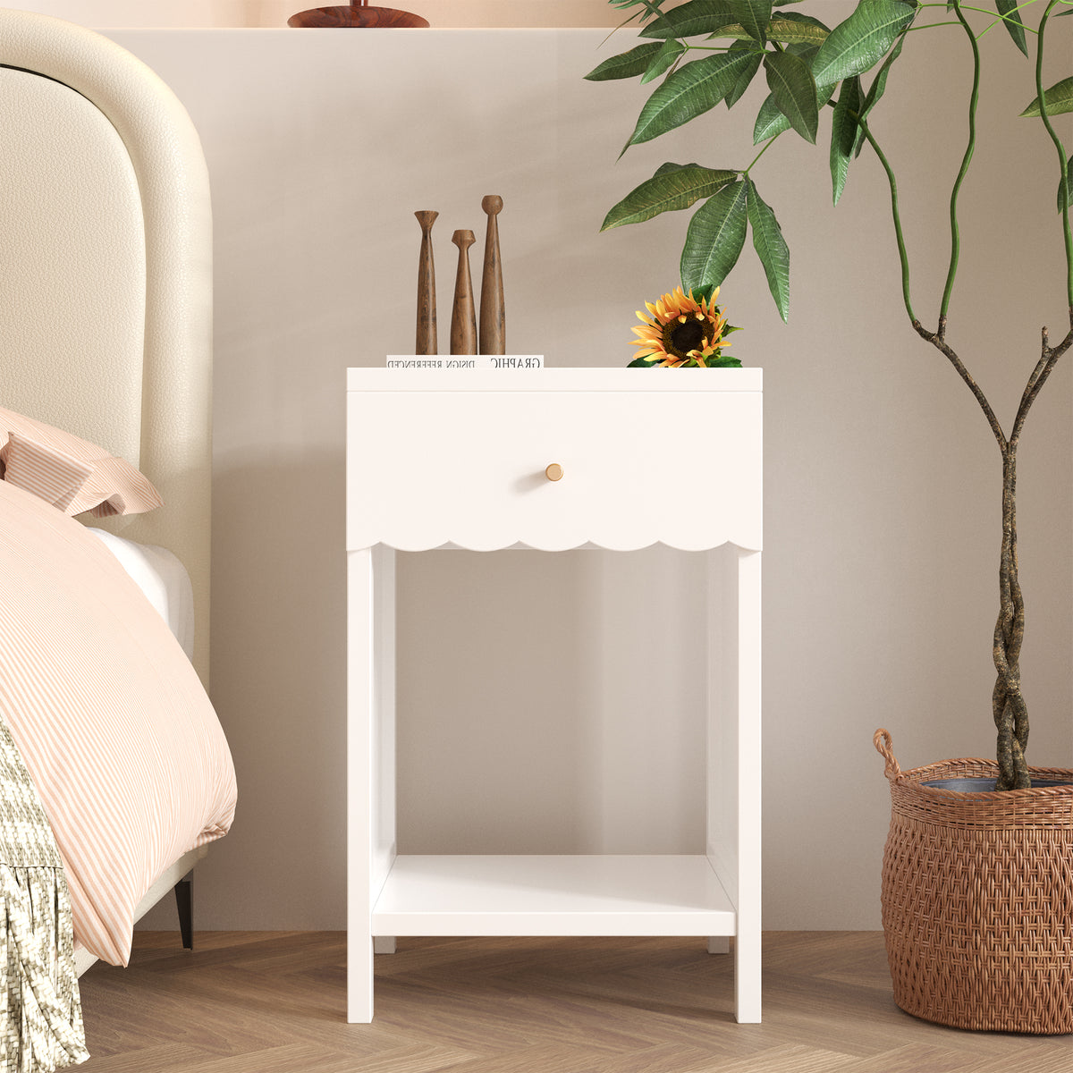 White Scalloped Nightstand with Drawer and Open Shelf