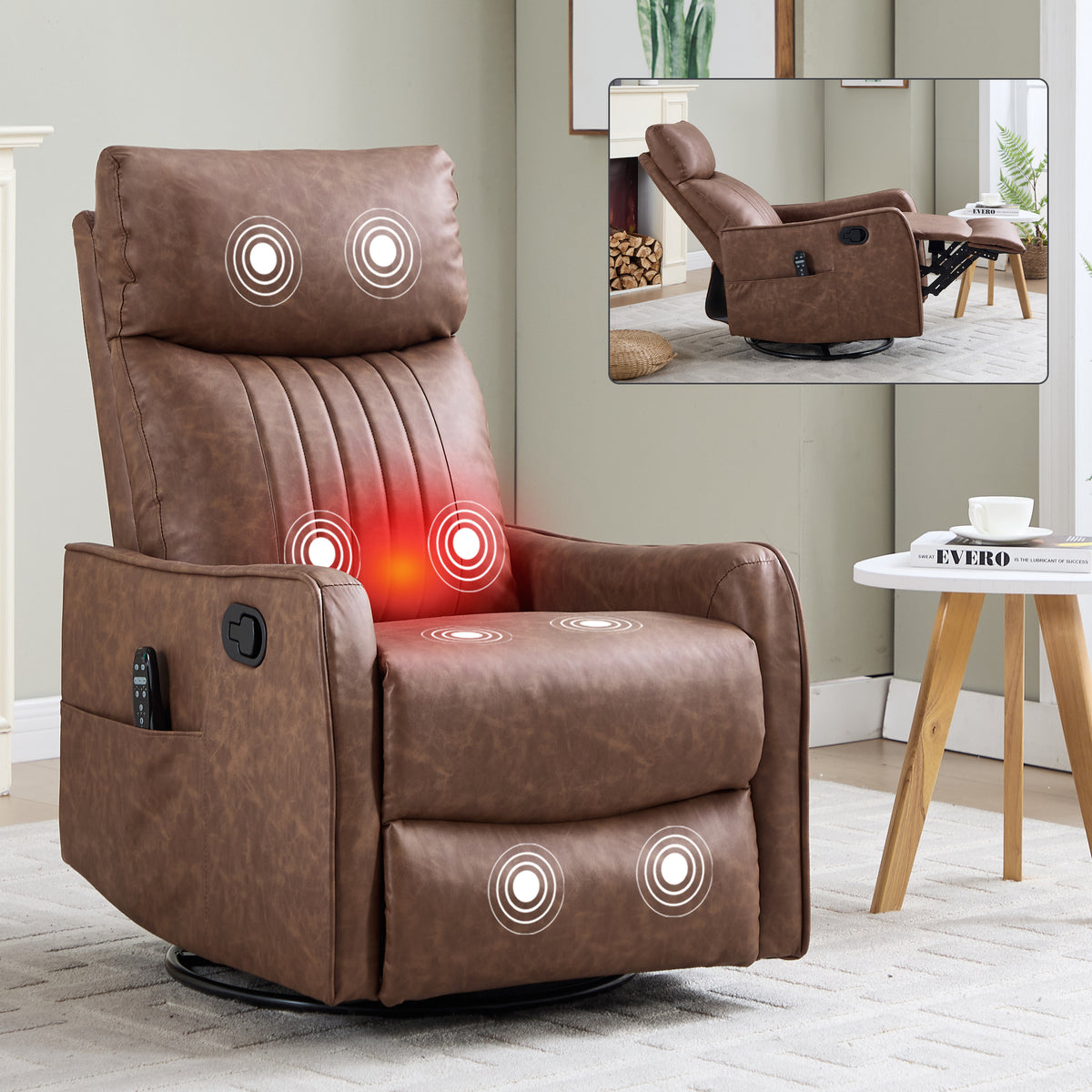 Brown Heat Massage Manual Recliner Chair with Rocker and Swivel in Faux Leather - Image 5