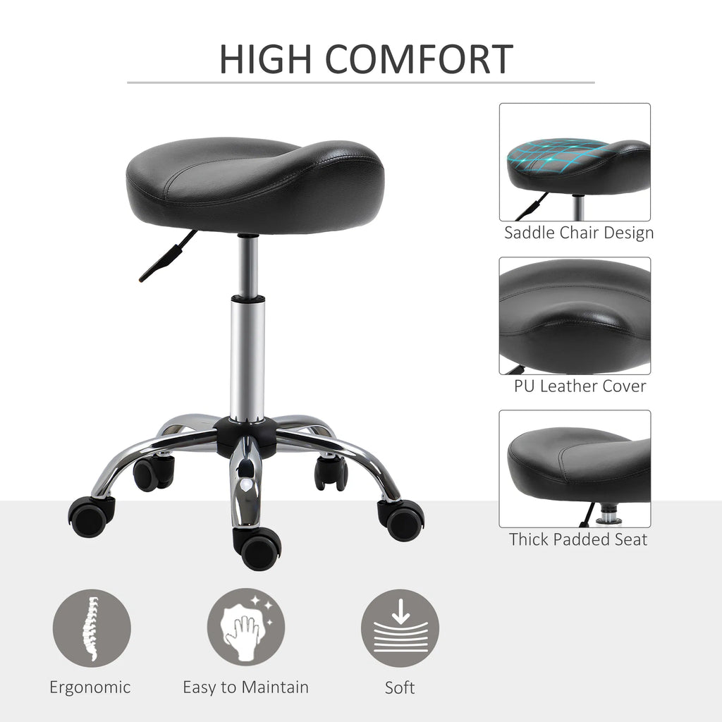Saddle Stool Height Adjustable Rolling Salon Chair PU Leather Black for Massage - Image 2