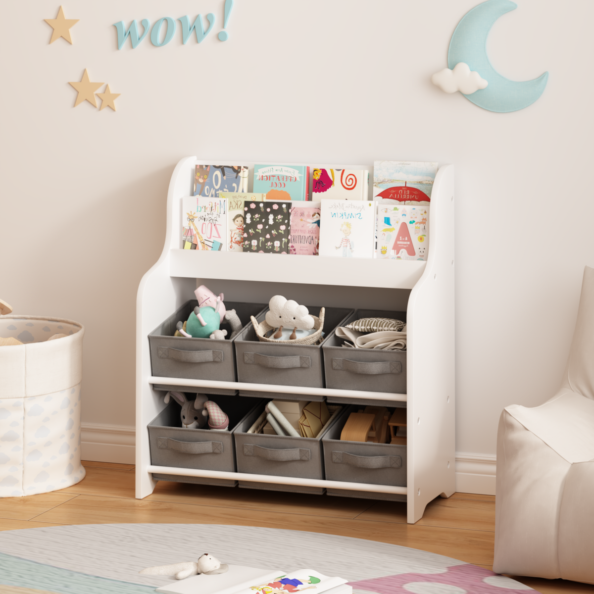 Children's Multi-Bin Toy Organizer Shelf with 6 Storage Bins - Storage Interior and Capacity Display