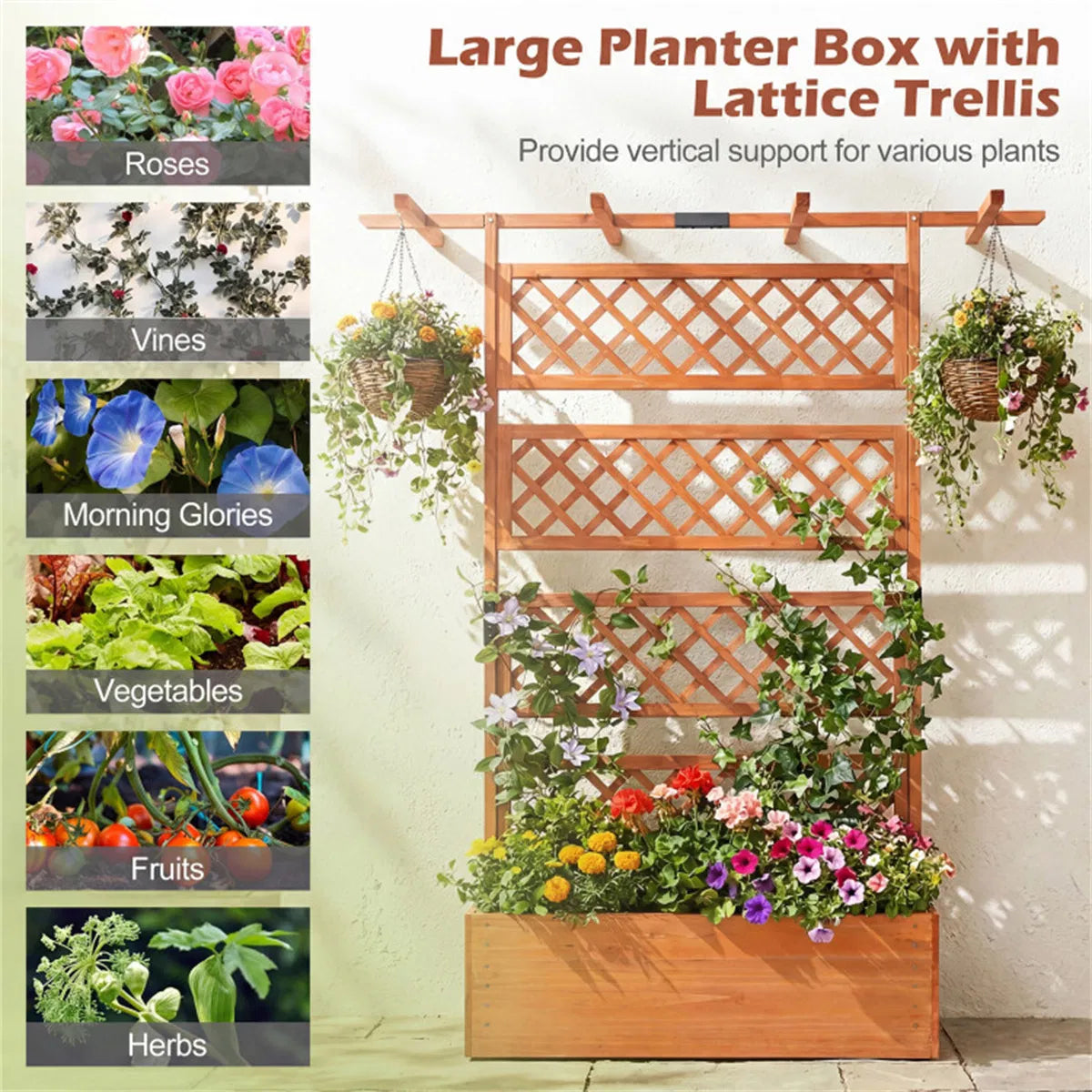 72" Raised Garden Bed with Lattice Trellis 4.8 Cu.Ft Fir Wood Planter Box with - Image 5