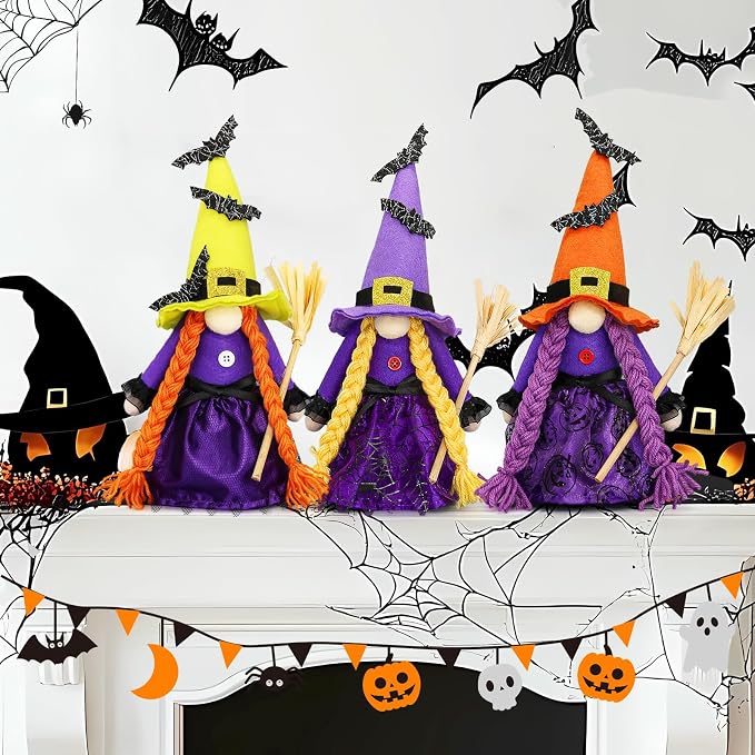 Purple Witch Gnome With Broom Halloween Tabletop Figurine Decoration For - Image 5