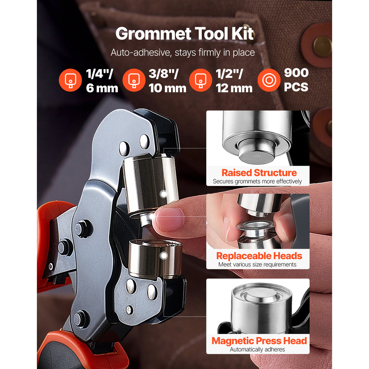 Grommet Tool Kit 1/4" 3/8" 1/2" 900 PCS Grommets Eyelet Tool Kit With Eyelets