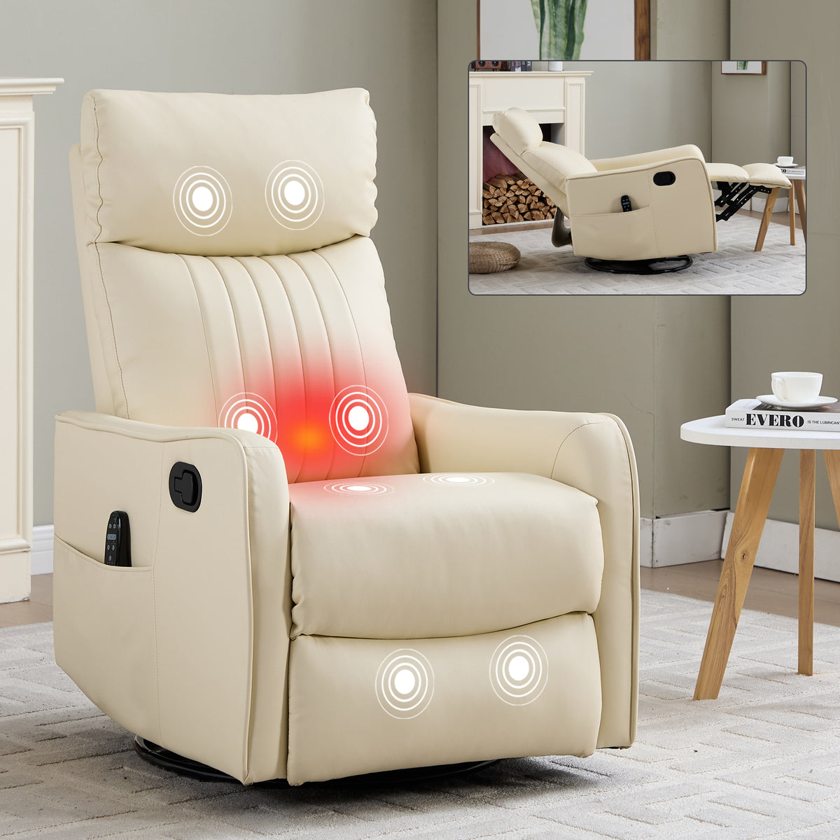 Beige Heat Massage Manual Recliner Chair with Rocker and Swivel in Faux Leather - Image 5