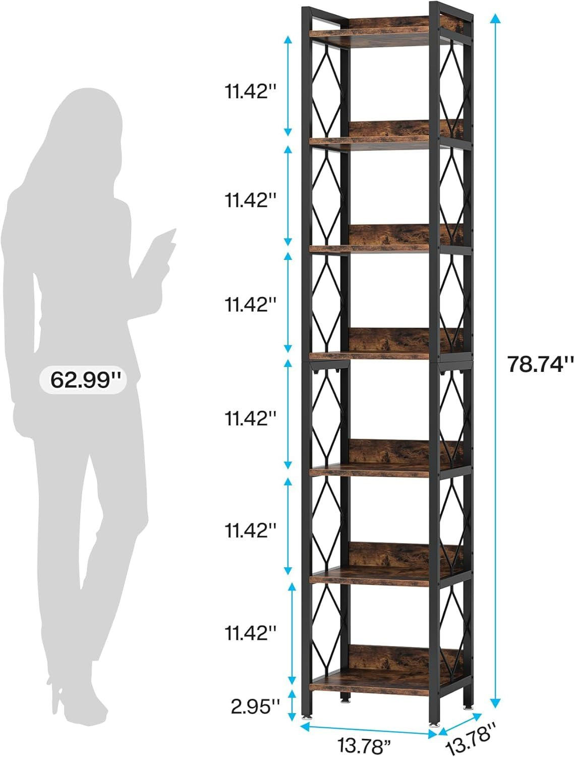 Rustic Brown Seven-Tier Storage Bookshelf