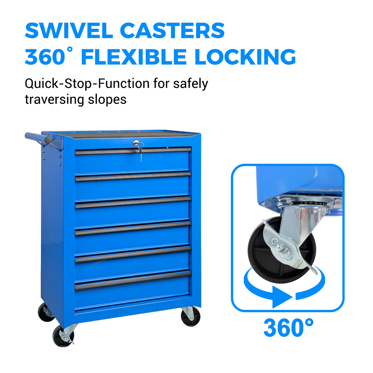20-Inch Rolling Metal Tool Chest 6 Drawers Blue Steel Workshop Cabinet - Detail View 5