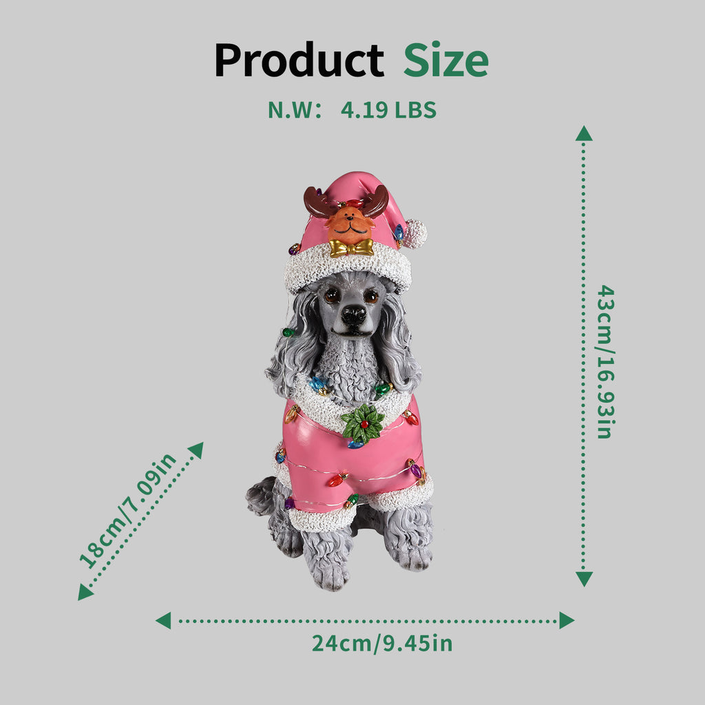 Christmas Poodle Statue Holiday Dog Figurine in Pink Santa Outfit