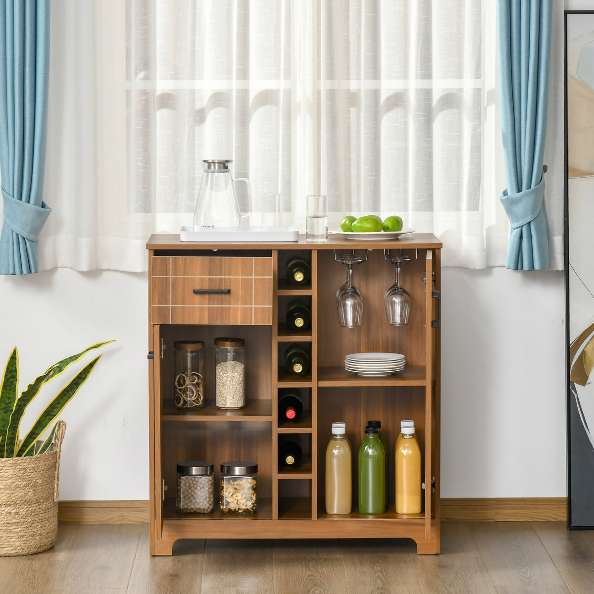Retro Wine Cabinet For Bottles Rack Sideboard Serving Bar With Glass Holders - Image 5