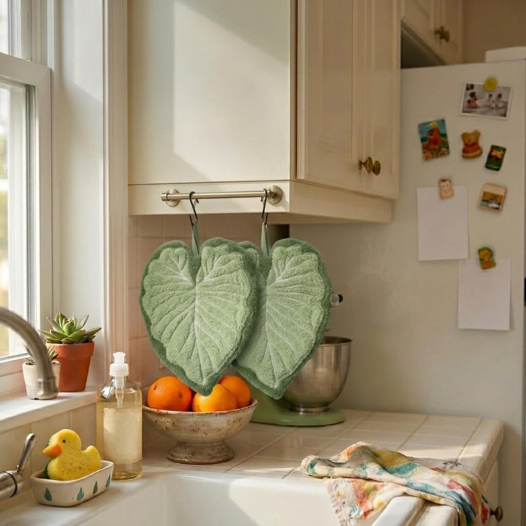 Leaf Hanging Hand Towels With Loop Boho Green Decorative For Bathroom