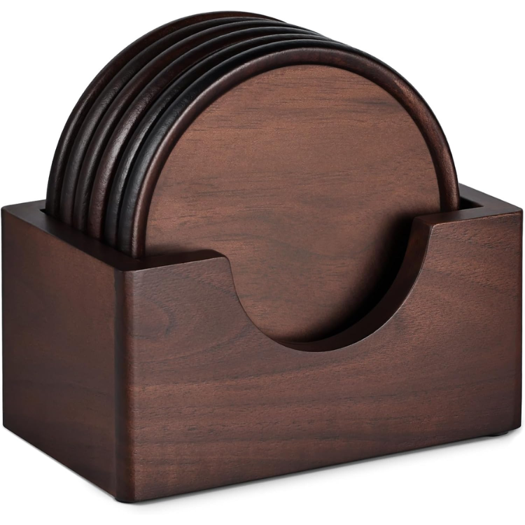 6 Piece Wooden Coaster Set With Holder Natural Wood Drink Coasters For Coffee - Image 2