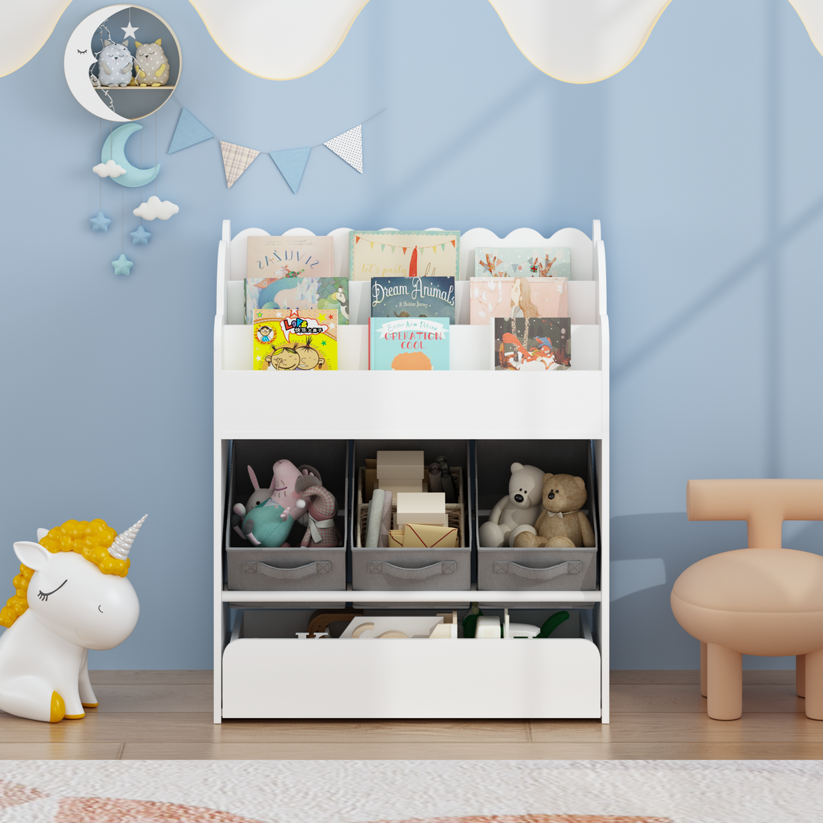 MDF kids bookshelf with bins and bottom drawer