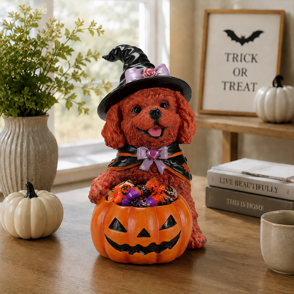 Halloween Brown Teddy Dog Witch Figurine Cute Puppy Holding Pumpkin Candy Bowl - Image 2