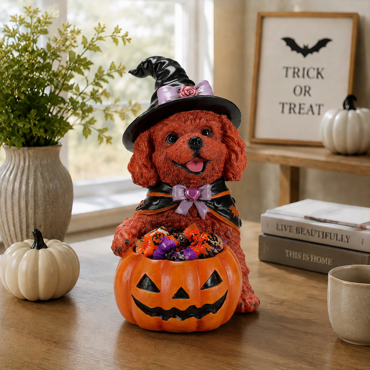 Halloween Brown Teddy Dog Witch Figurine Cute Puppy Holding Pumpkin Candy Bowl - Image 2