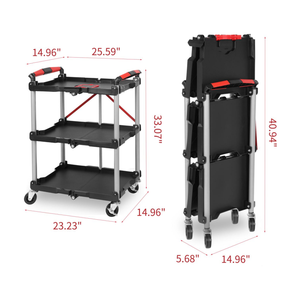 Foldable Utility Service Cart 3 Shelf Heavy Duty Plastic Rolling Cart With - Image 4
