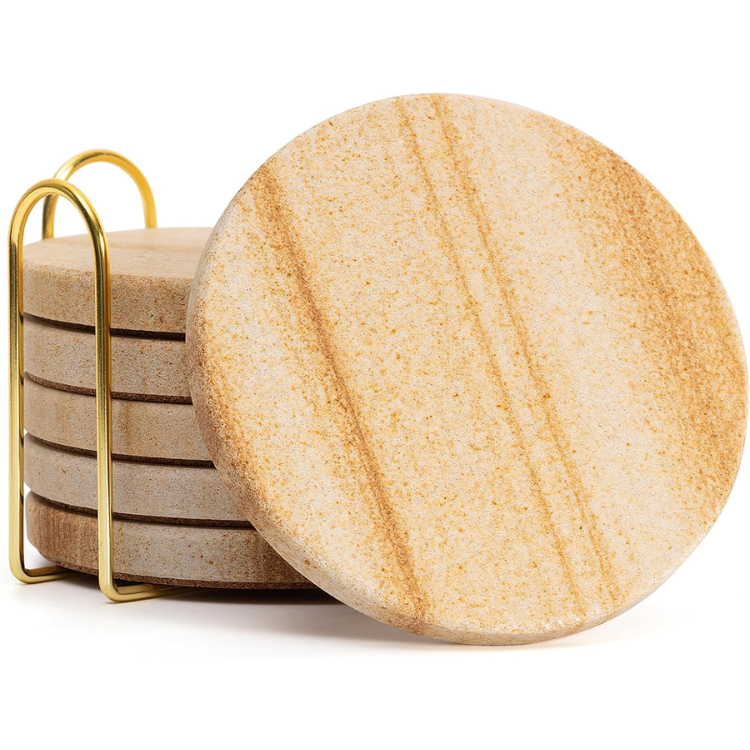 6 Piece Absorbent Sandstone Coaster Set With Holder 4 Inch Round Drink - Image 3