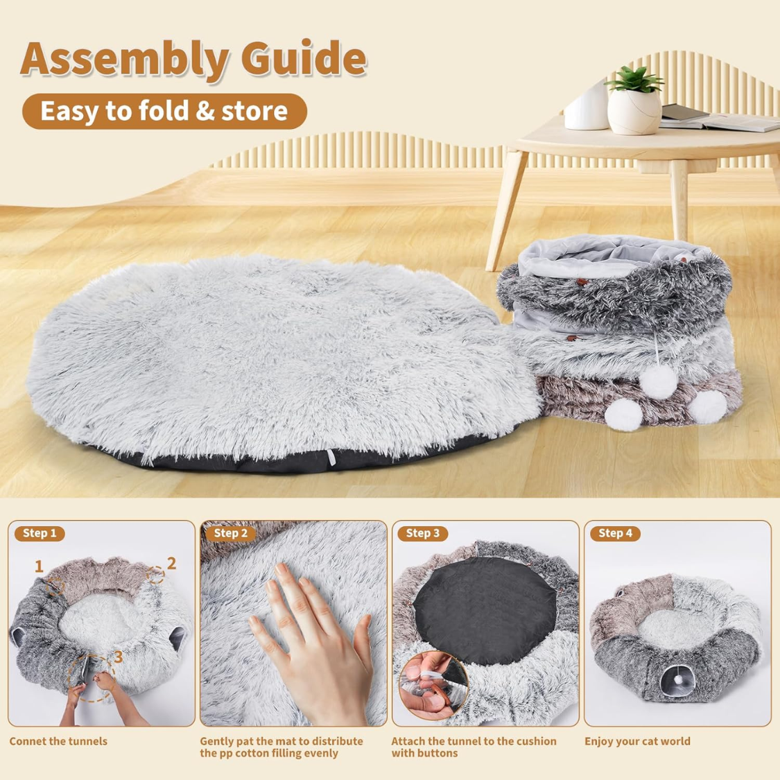 Large Cats Tunnels For Indoor Cats Fluffy Warm Cat Bed And Detachable Cave - Image 2
