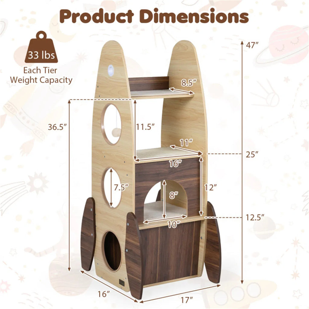 4 Tier Rocket Shape Cat Tree with 2 Tier Condo Sisal Scratch Pad Hanging Pompom - Image 4