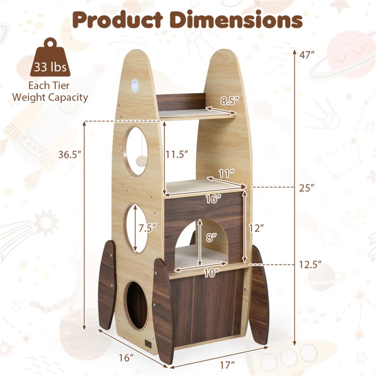 4 Tier Rocket Shape Cat Tree with 2 Tier Condo Sisal Scratch Pad Hanging Pompom - Image 4