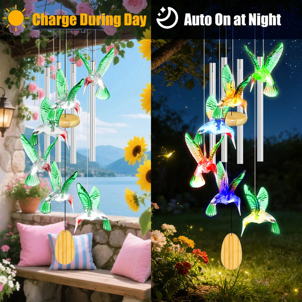 Solar Hummingbird Wind Chime With Aluminum Tubes 7 Color Changing Wind Chime - Image 5