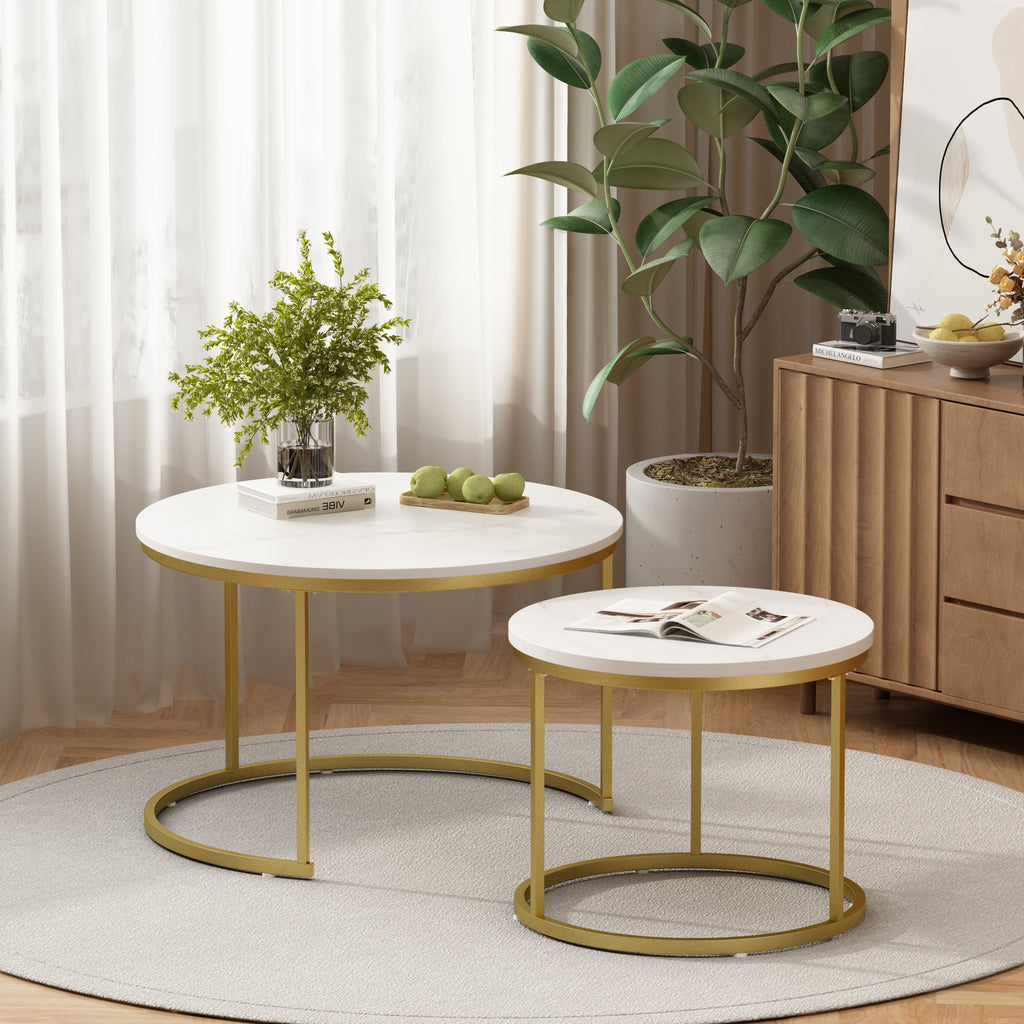 27.6in Nesting Coffee Table Set of 2 Round Coffee Table Wood Marble Pattern - Image 4