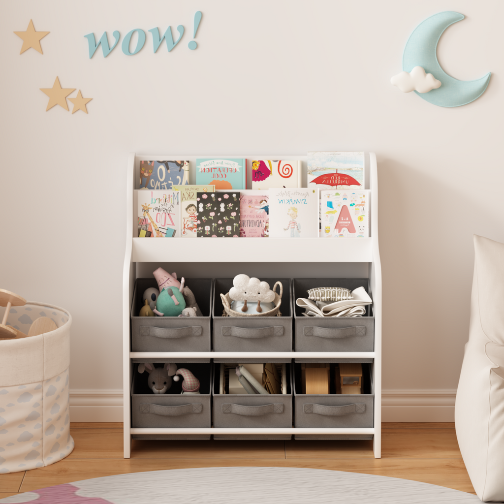 Children's Multi-Bin Toy Organizer Shelf with 6 Storage Bins - Side Profile and Dimensions