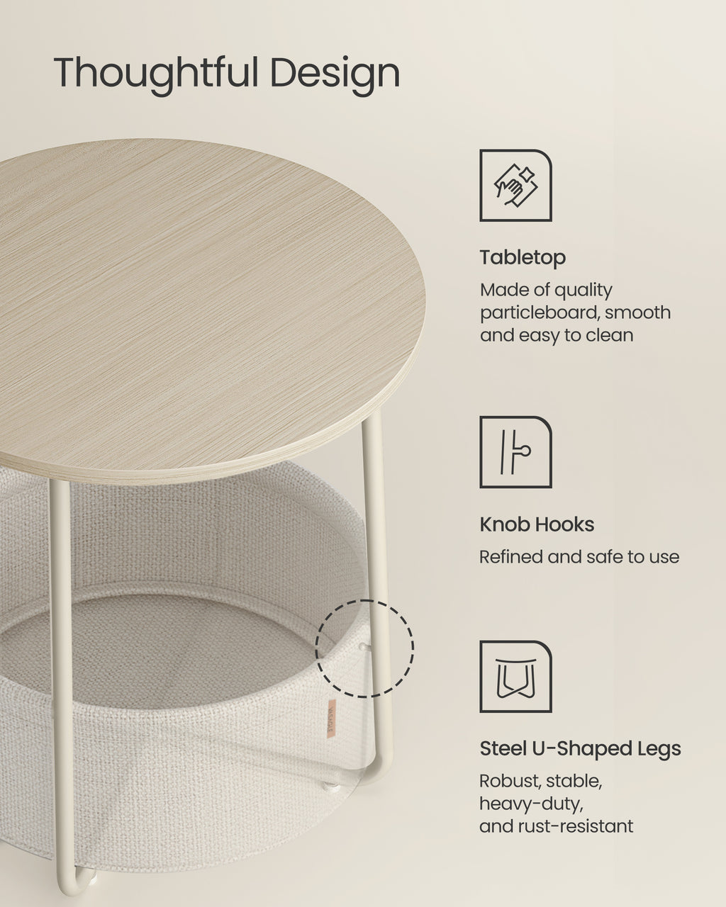 VASAGLE Small Round Side End Table Small Nightstand With Fabric Basket - Image 4