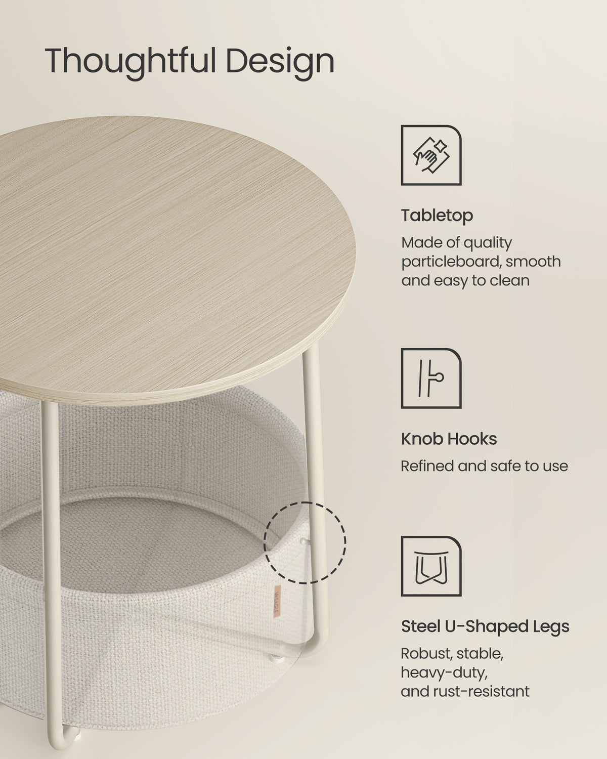 VASAGLE Small Round Side End Table Small Nightstand With Fabric Basket - Image 4
