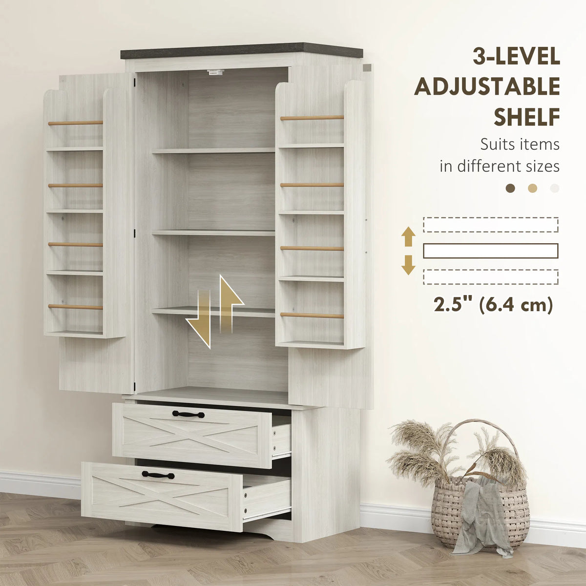 Farmhouse Kitchen Pantry Storage Cabinet 64" Freestanding Kitchen Pantry