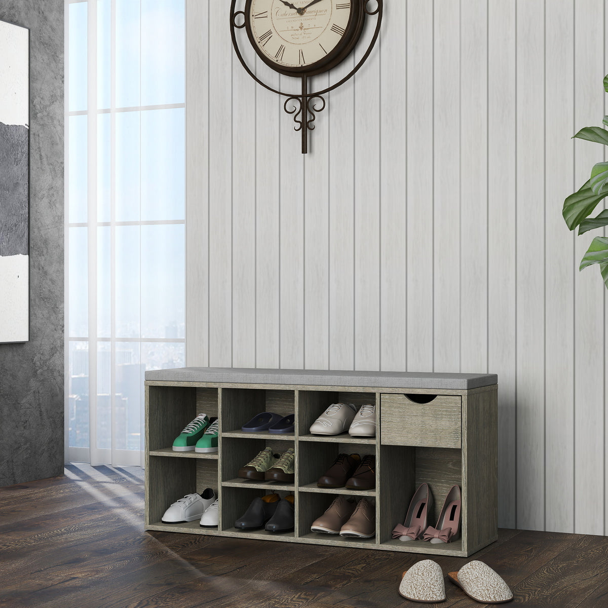 Gray Shoe Storage Bench with Drawer and Cushion