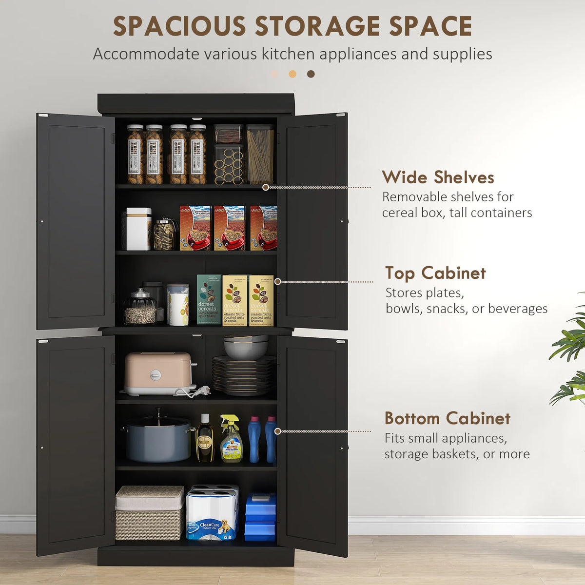 72.5" Freestanding Kitchen Pantry Cabinet with 4 Doors Black - Image 3