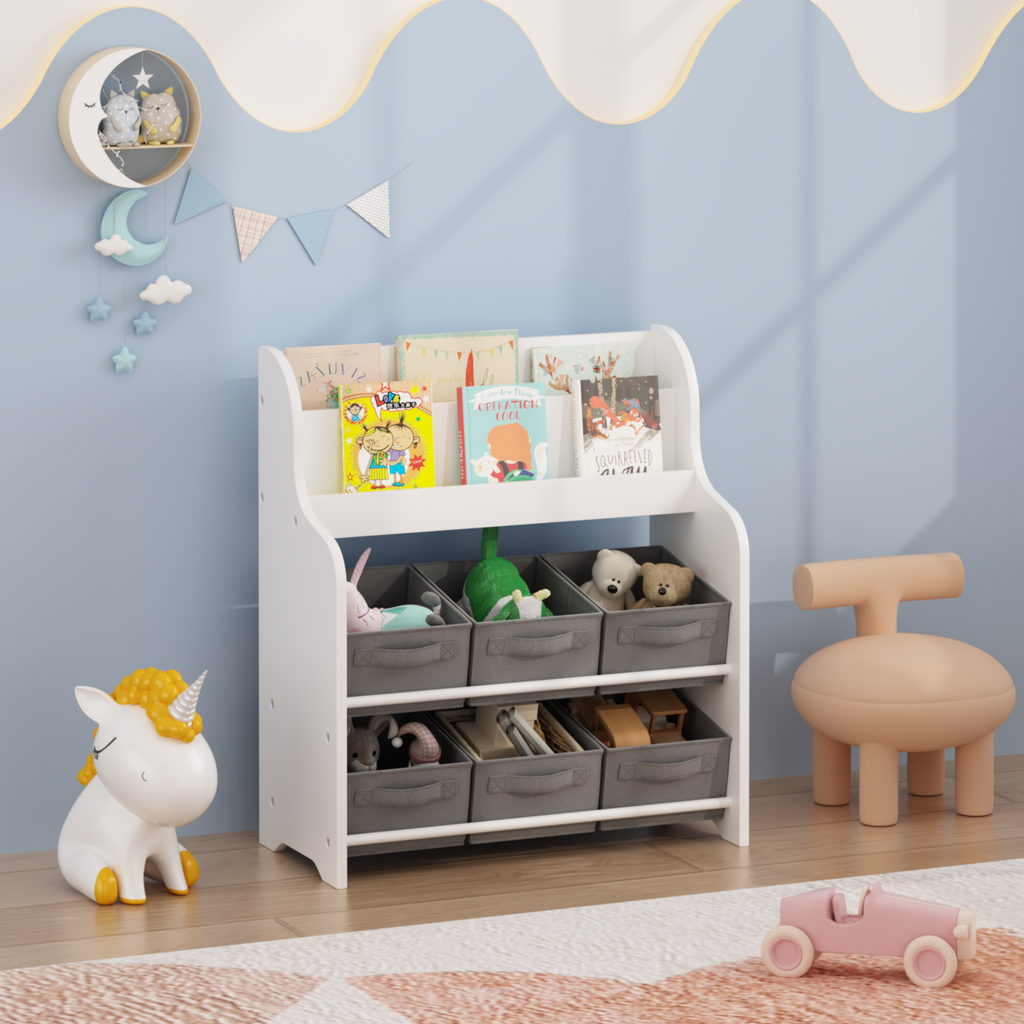 Children's Multi-Bin Toy Organizer Shelf with 6 Storage Bins - Structured Material Texture and Edges