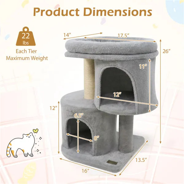 26" Compact Cat Tree With 2 Condos & Sisal Scratching Posts Anti Tip Cat Tower - Image 3