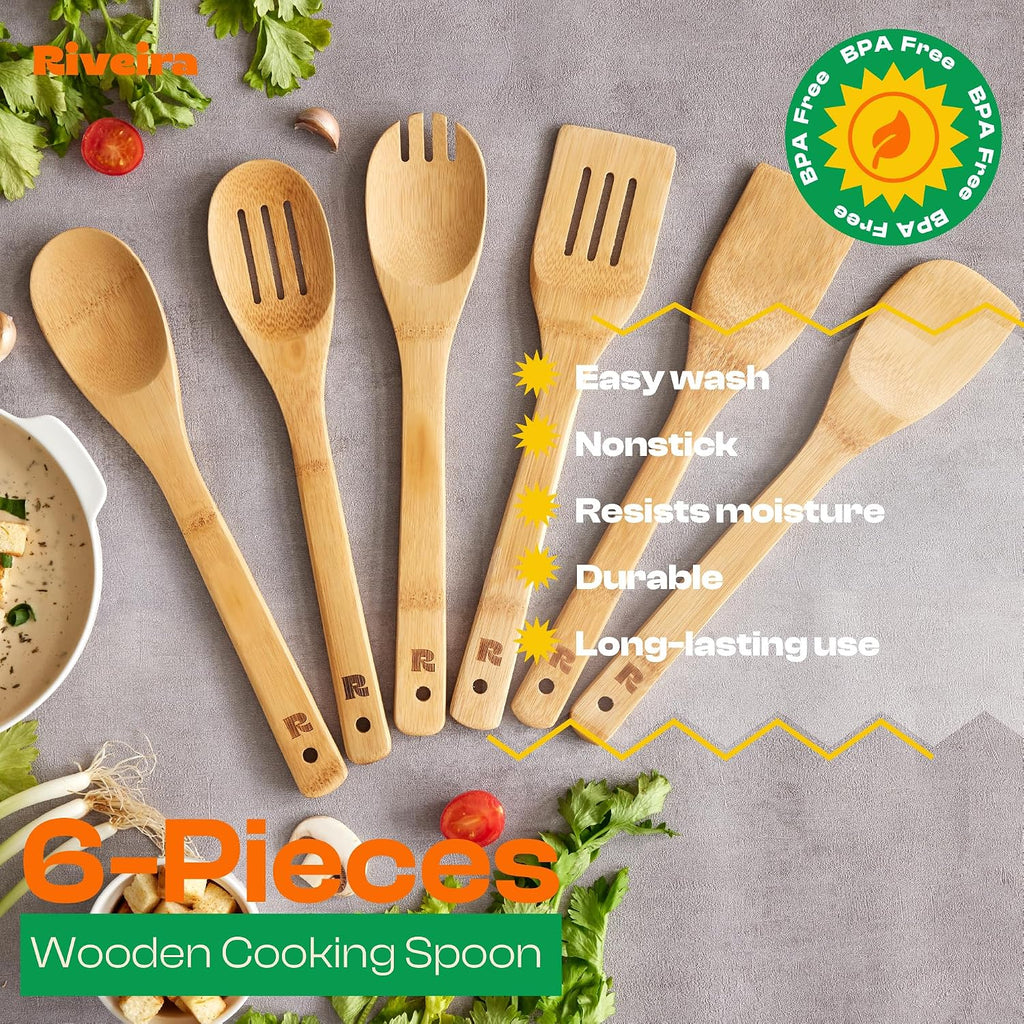 Bamboo Cooking Spoons Piece Set Wooden Kitchen Utensils With Spatulas Durable - In-Use and Feature Display