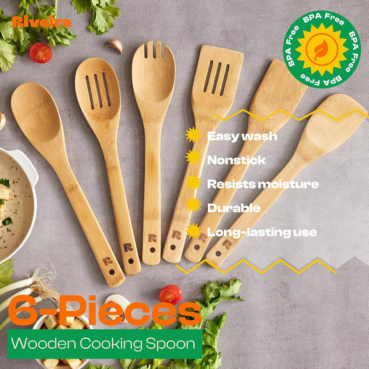 Bamboo Cooking Spoons Piece Set Wooden Kitchen Utensils With Spatulas Durable - In-Use and Feature Display