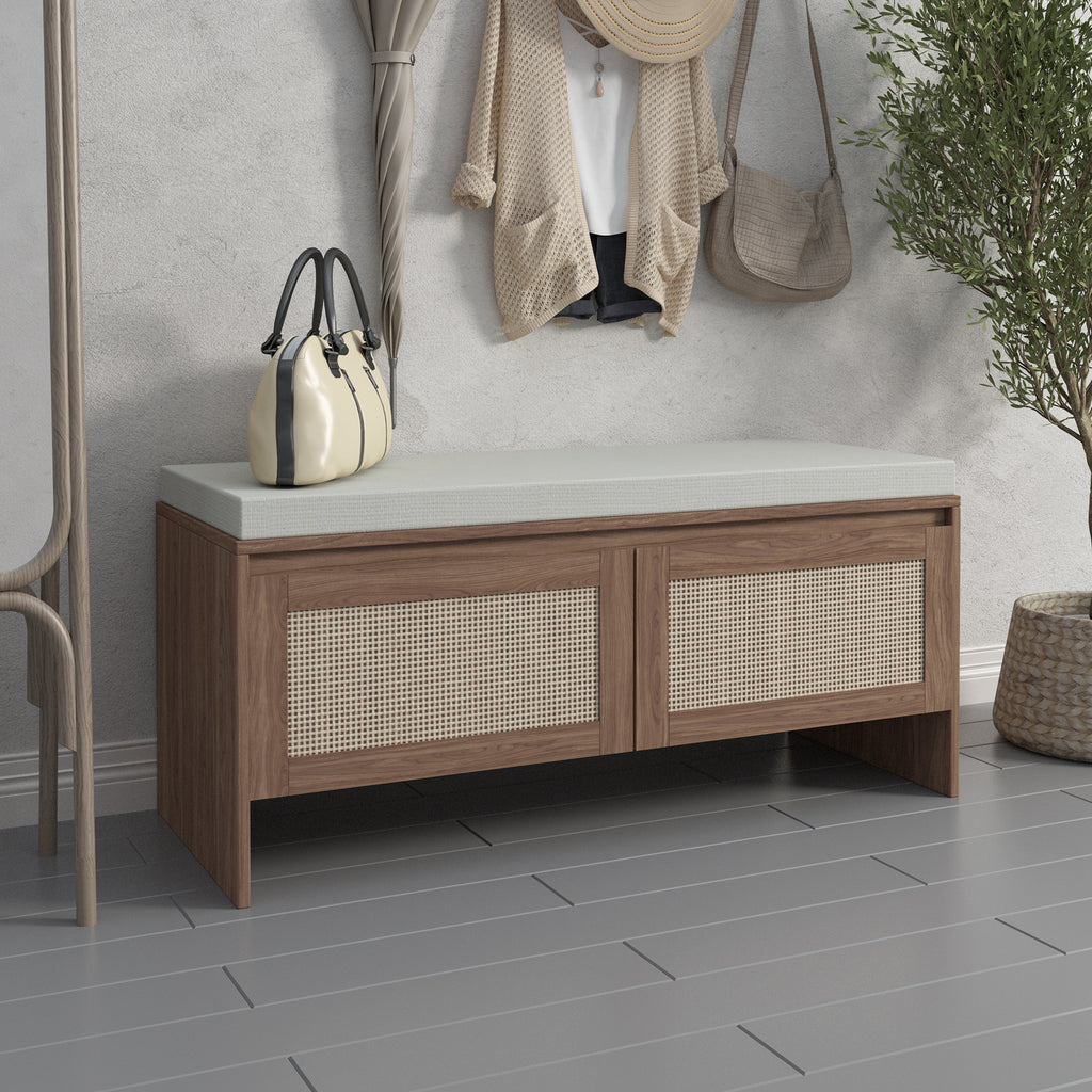 Rattan Shoe Storage Bench with Cushion and Two Doors