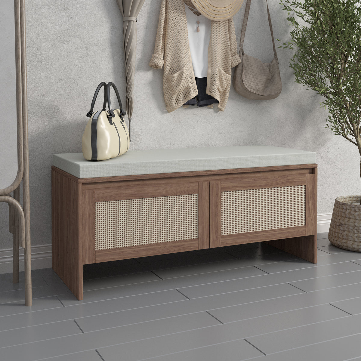 Rattan Shoe Storage Bench with Cushion and Two Doors