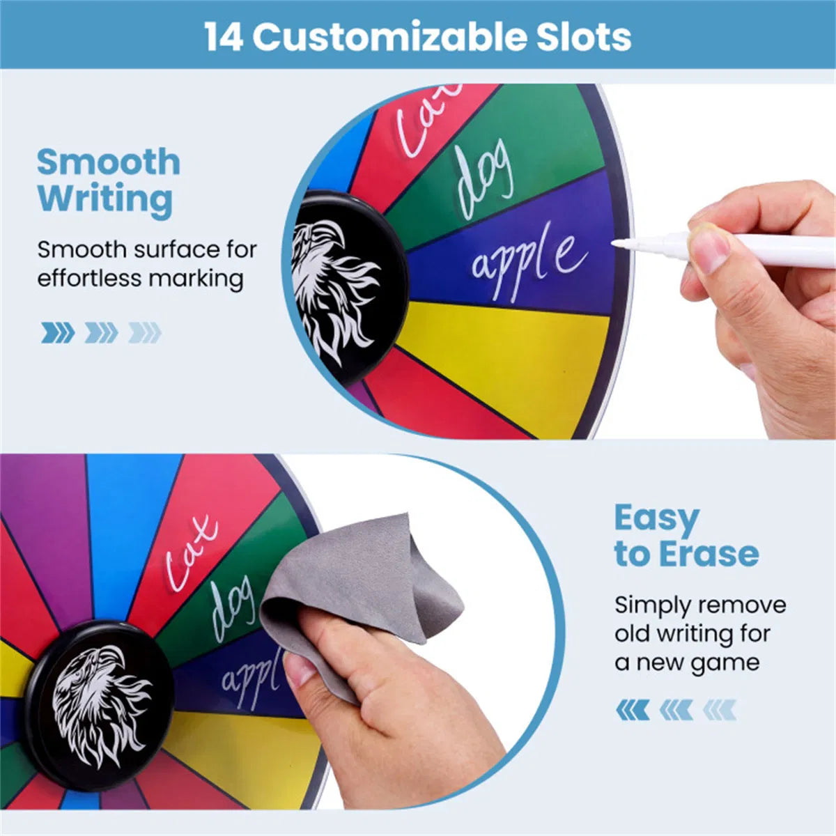 14 Slot Customizable Spinning Prize Wheel with Foldable Stand Rewritable - Image 4