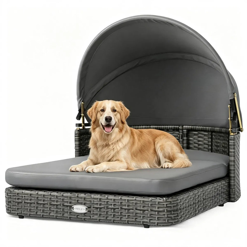Gray Hand Woven PE Rattan Dog Bed with Adjustable Canopy Elevated Outdoor Pet - Image 5