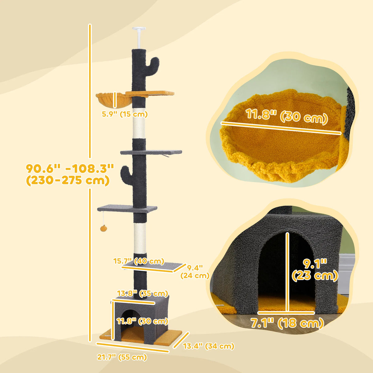 Floor to Ceiling Cat TreeTower with 90.5" 108" Adjustable Height Scratching - Image 2