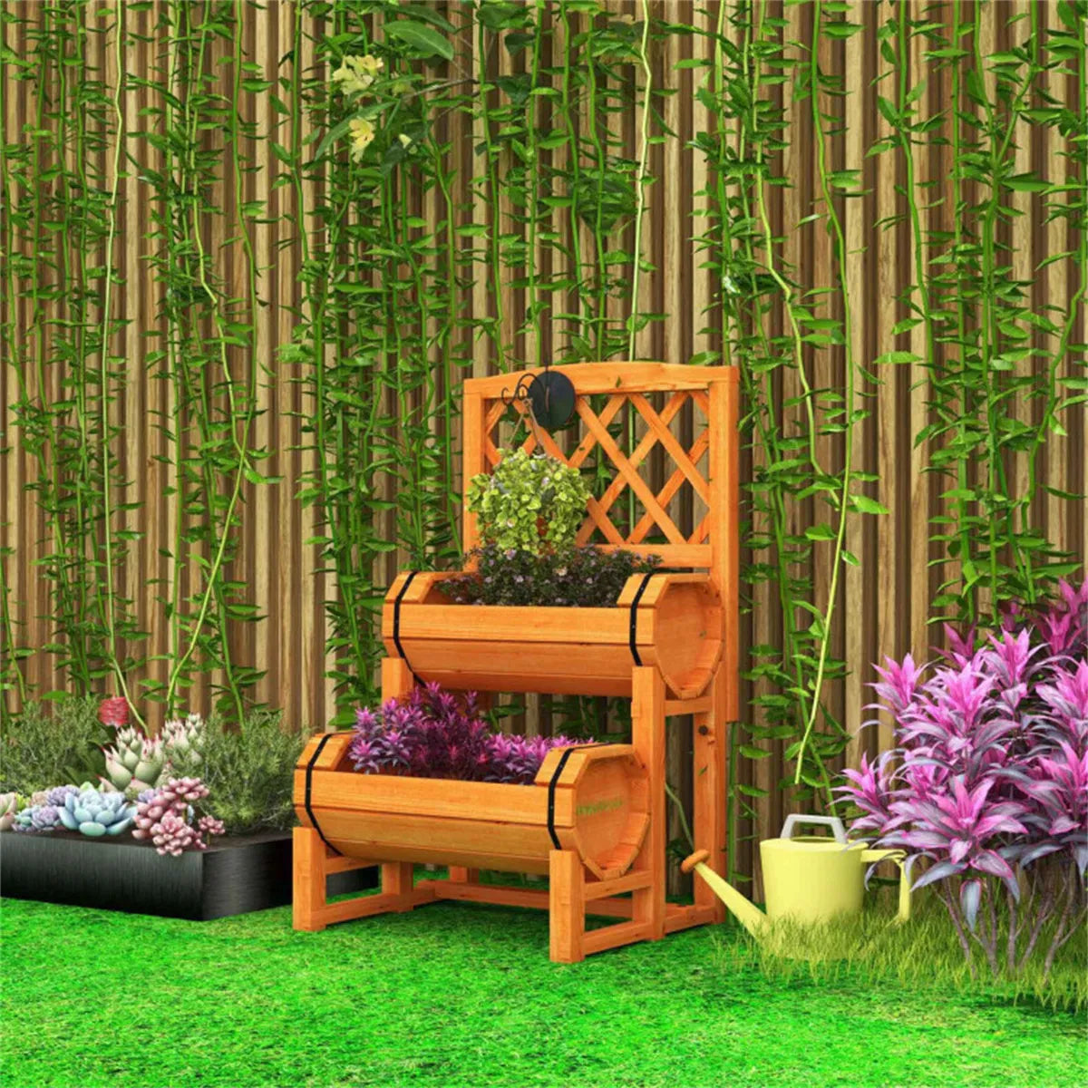 Solid Fir Wood Raised Garden Bed With Trellis Cylindrical Planter Box