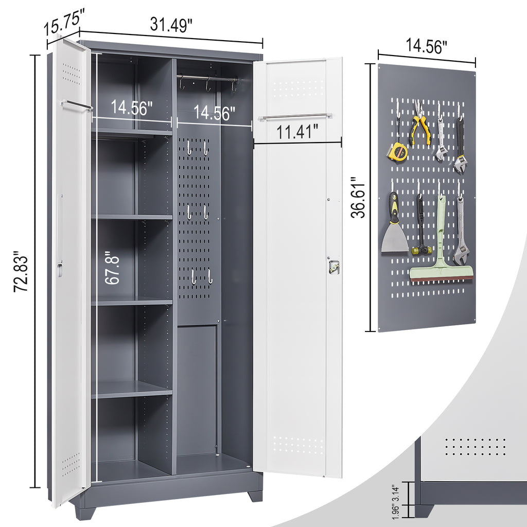 Gray Metal Lockers Cleaning Tool Cabinets With Locking Doors High Broom Tool - Image 4