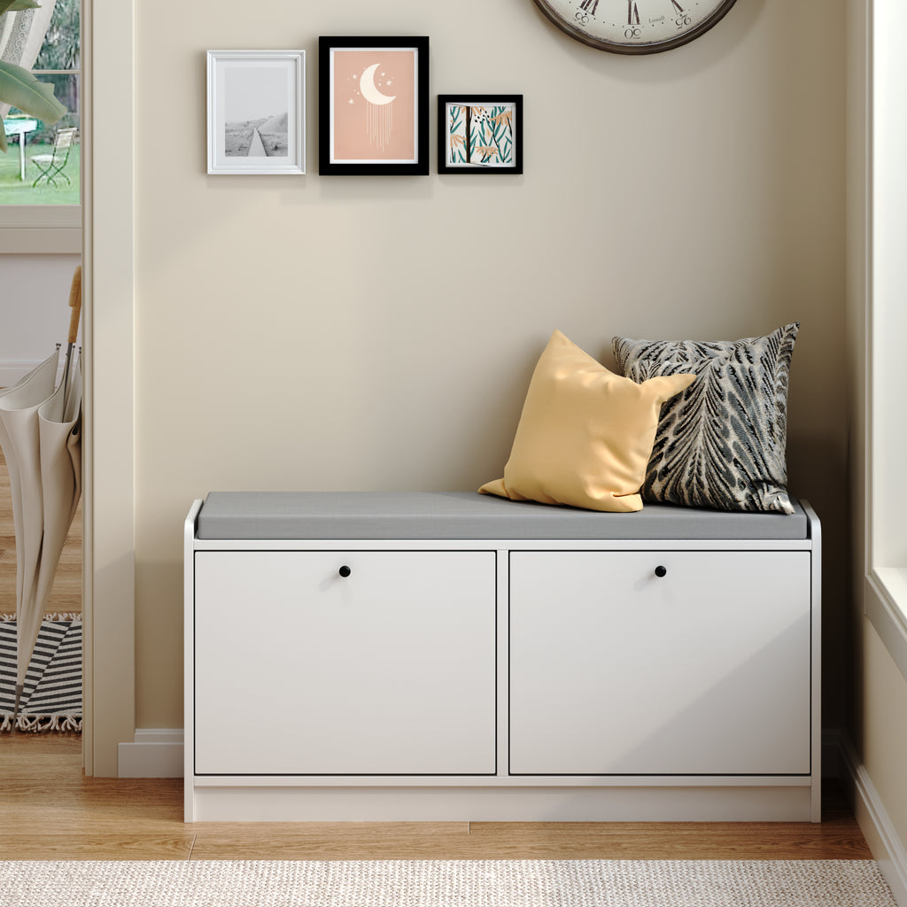 White Shoe Storage Bench with Cushion