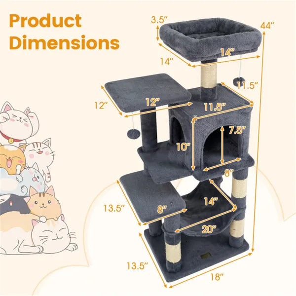 44" Multi Level Cat Tree With Spacious Top Perch 2 Door Condo & Hammock For - Image 2