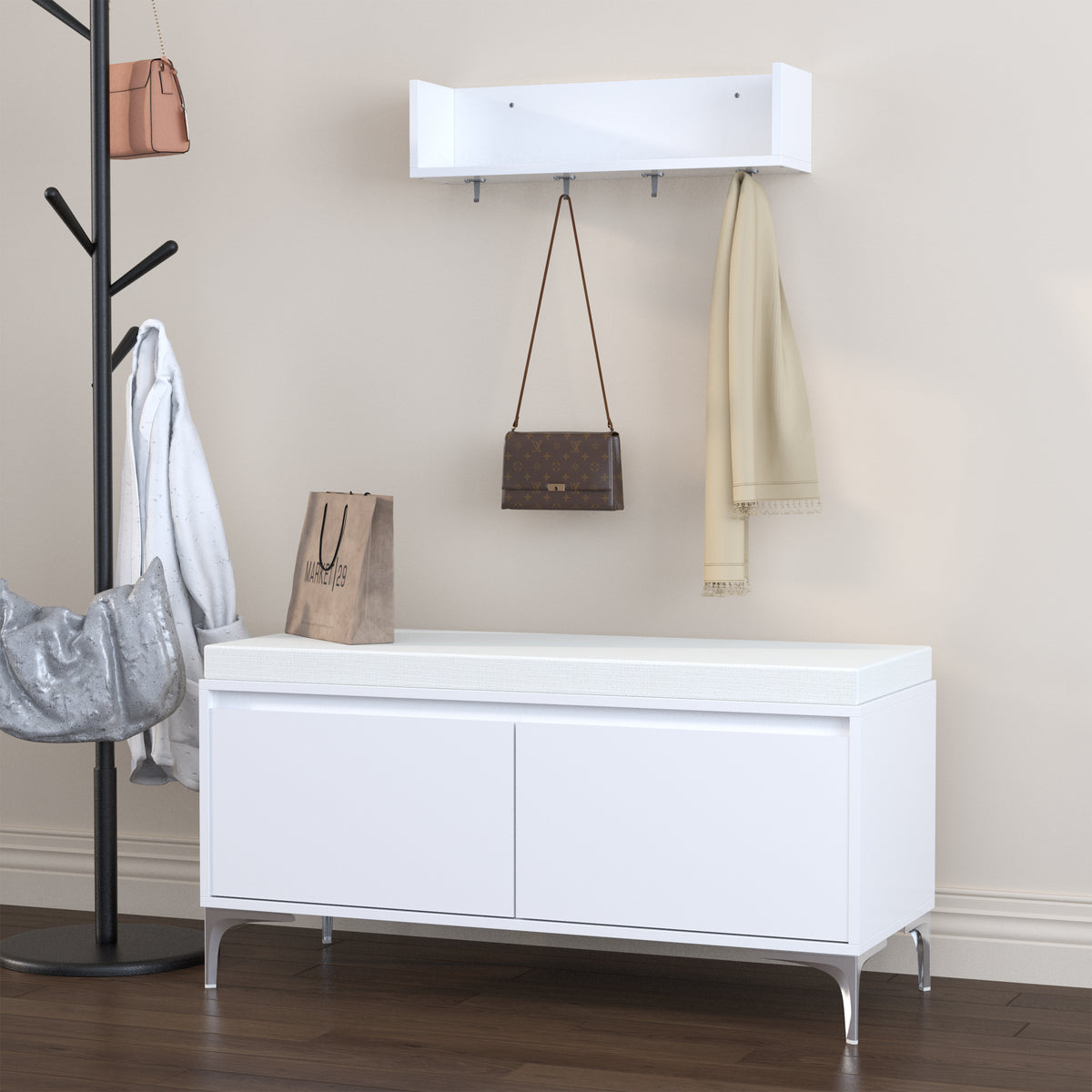 White Entryway Shelf And Shoe Storage Bench