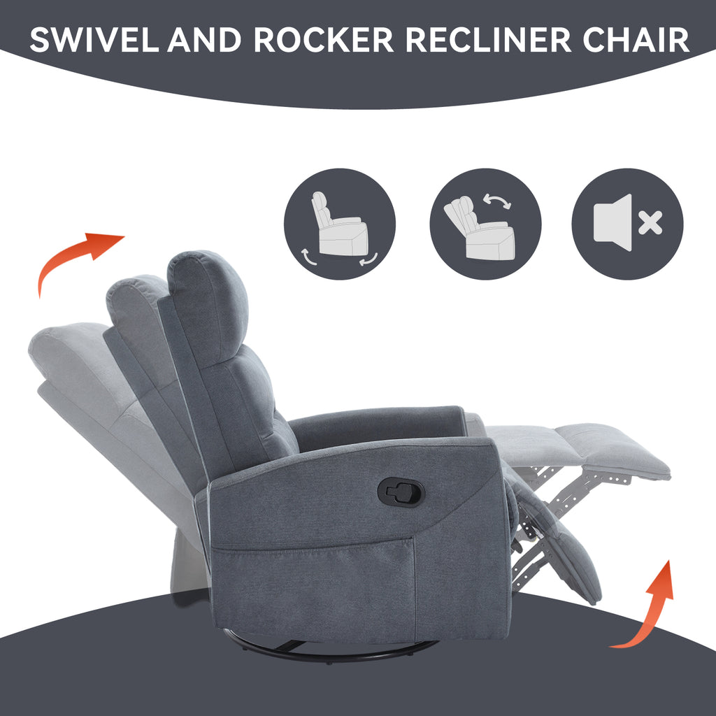 Manual Recliner Chair with Rocker and Swivel in Fabric for Living Room Grey - Image 3