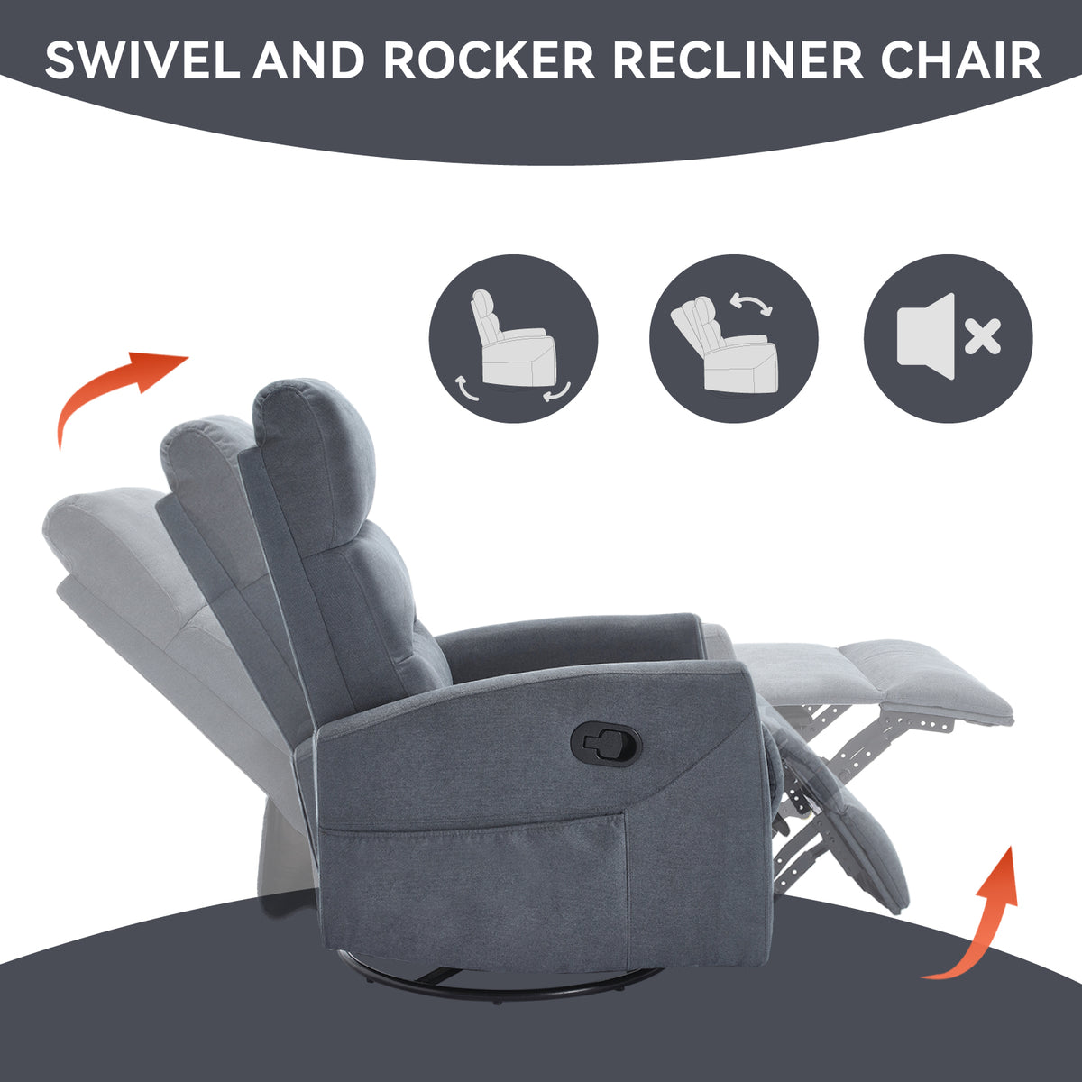 Manual Recliner Chair with Rocker and Swivel in Fabric for Living Room Grey - Image 3