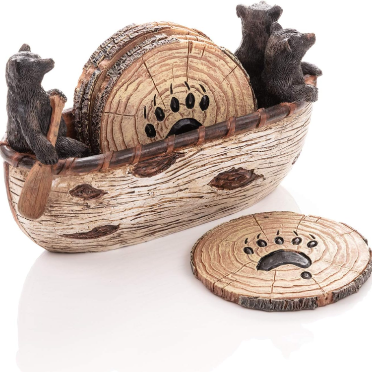 6 Piece Bear Coaster Set Handcrafted Black Bear Drink Coasters Rustic Cabin - Image 2