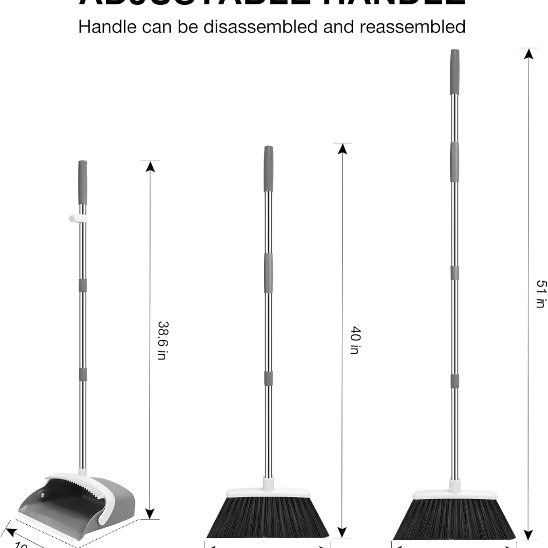 Broom And Dustpan Set With 52 Inch Adjustable Long Handle Grey White Standing - Image 5