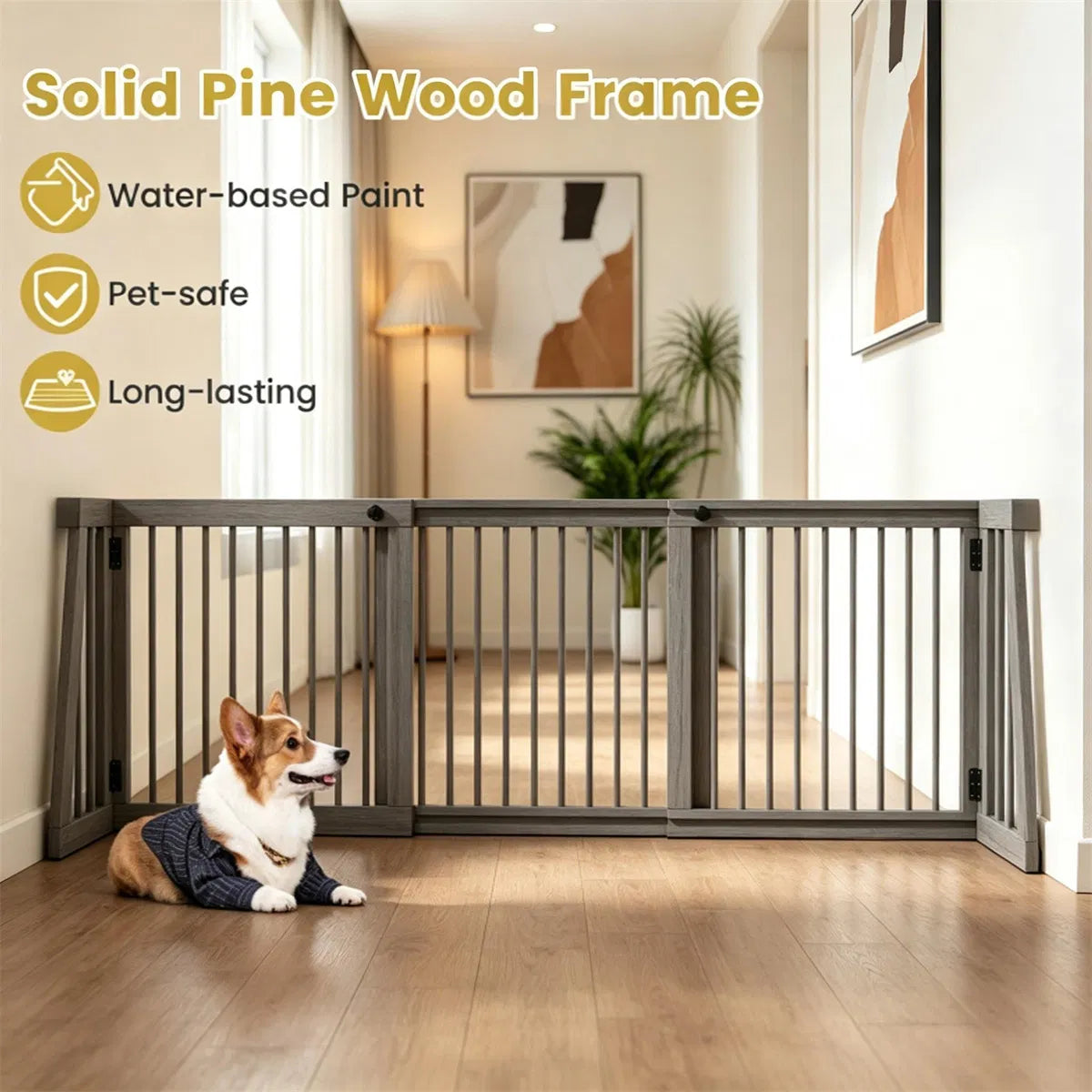 Adjustable Expandable Wooden Pet Gate 22 Inch Tall Freestanding Safety Fence - Image 3
